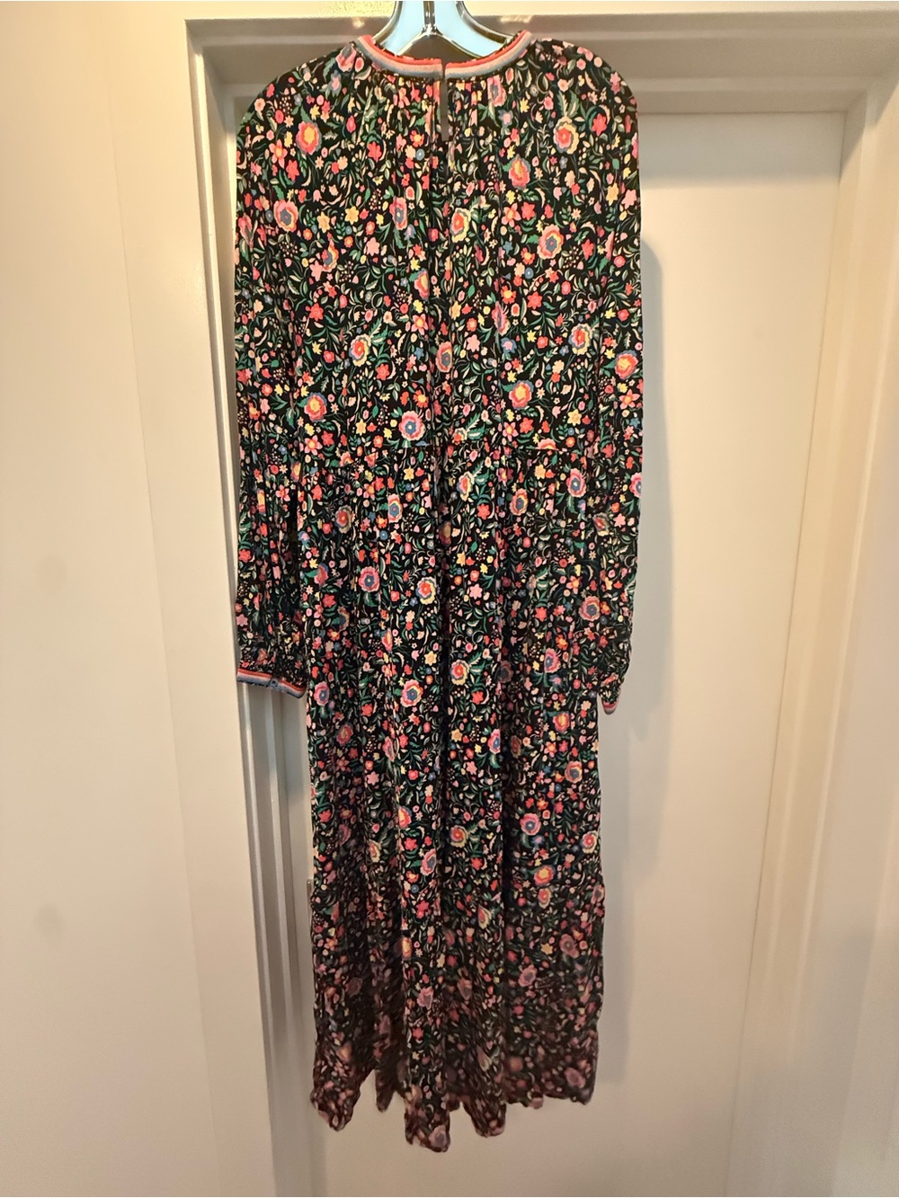 Boden Black Floral Embroidered Midi Jersey Dress with Pink and Green Accents